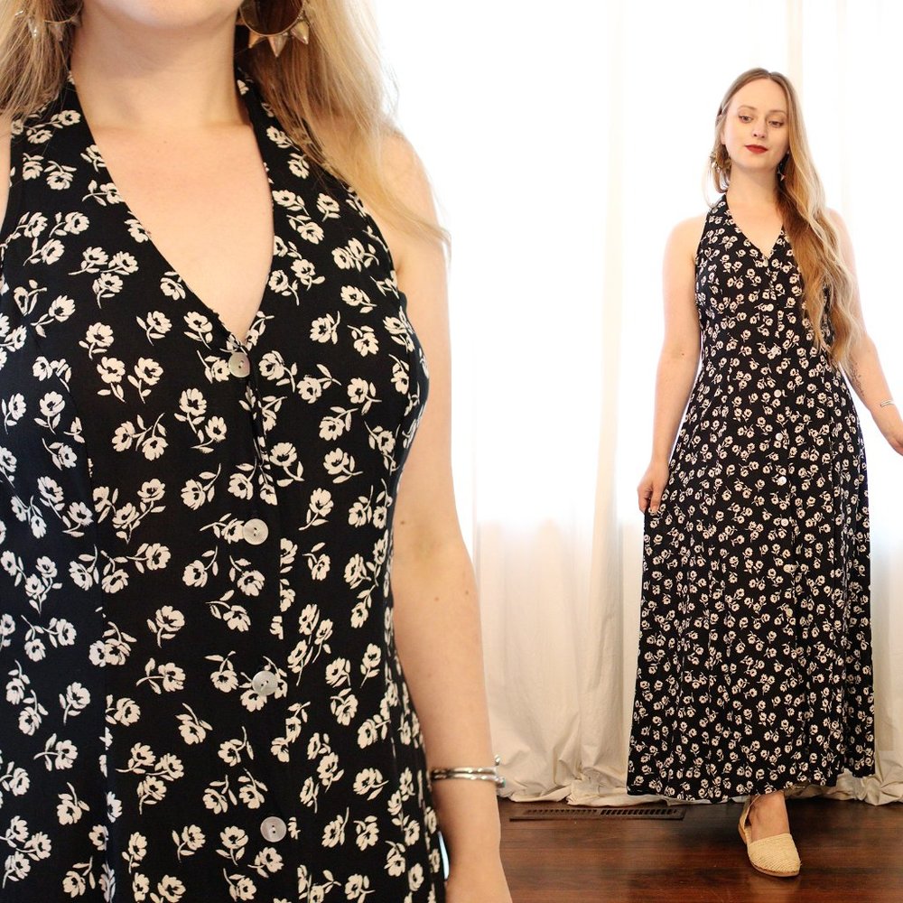 Vintage 1990s black white whimsigoth ditsy floral print halter racerback dress
